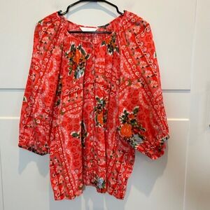Lauren Conrad Red Floral Print Boho Peasant Blouse Top‎ Women Size L